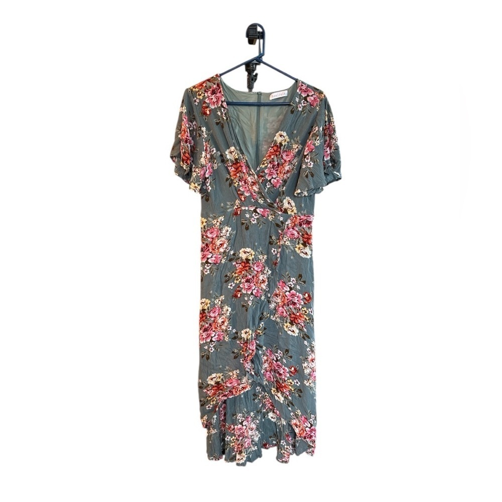 Floral Wrap Midi Dress in Dusty Green with Pink Blooms
